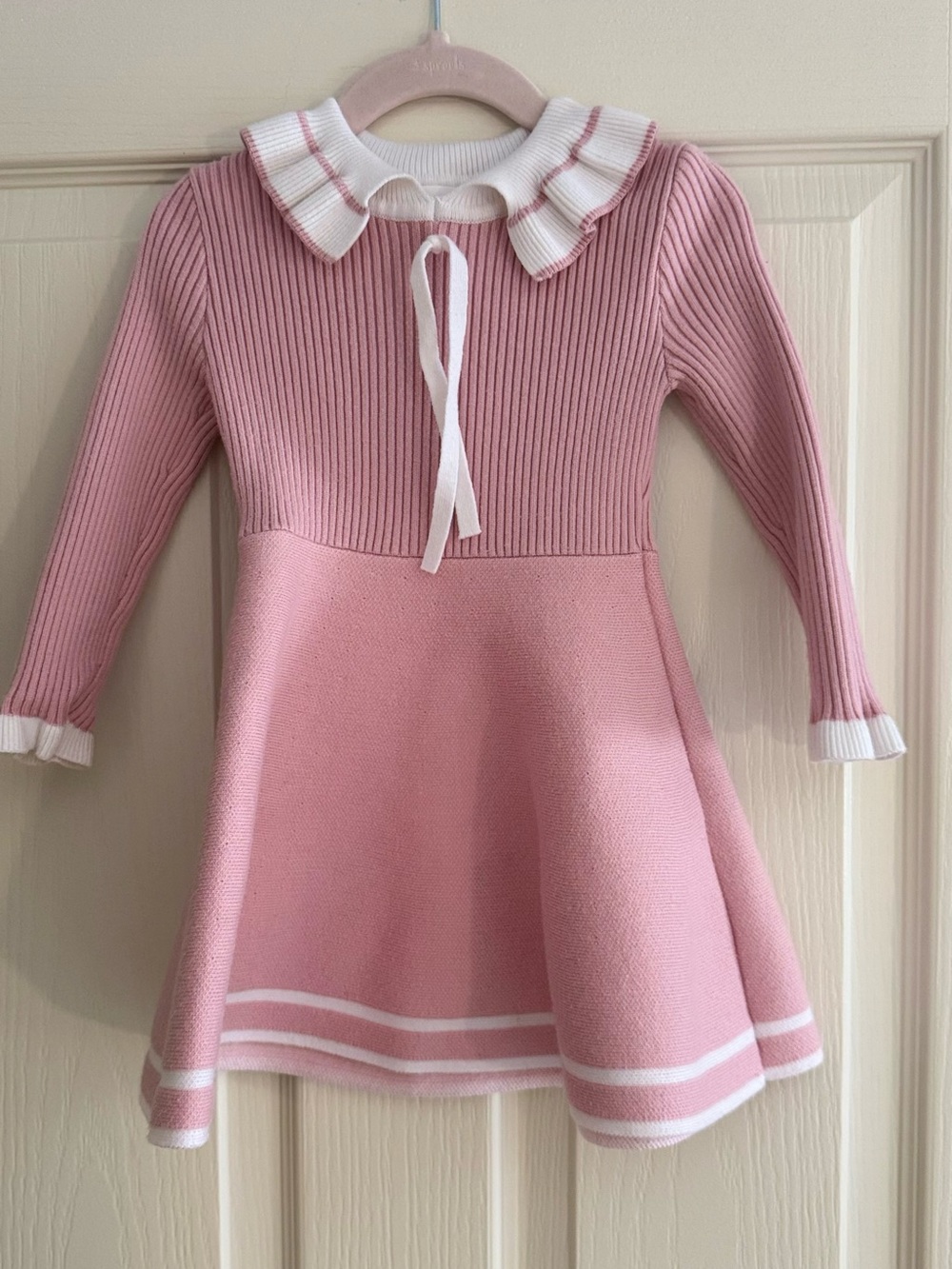 Girls' Pink Knit Dress with White Ruffle Collar